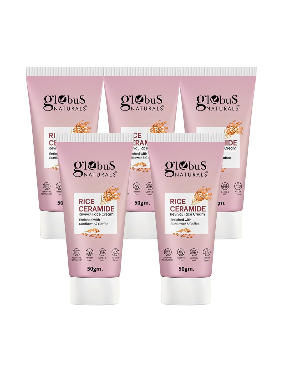 

Globus naturals Set Of 5 Rice Ceramide Revival Face Cream With Sunflower & Coffee-50g Each, Pink