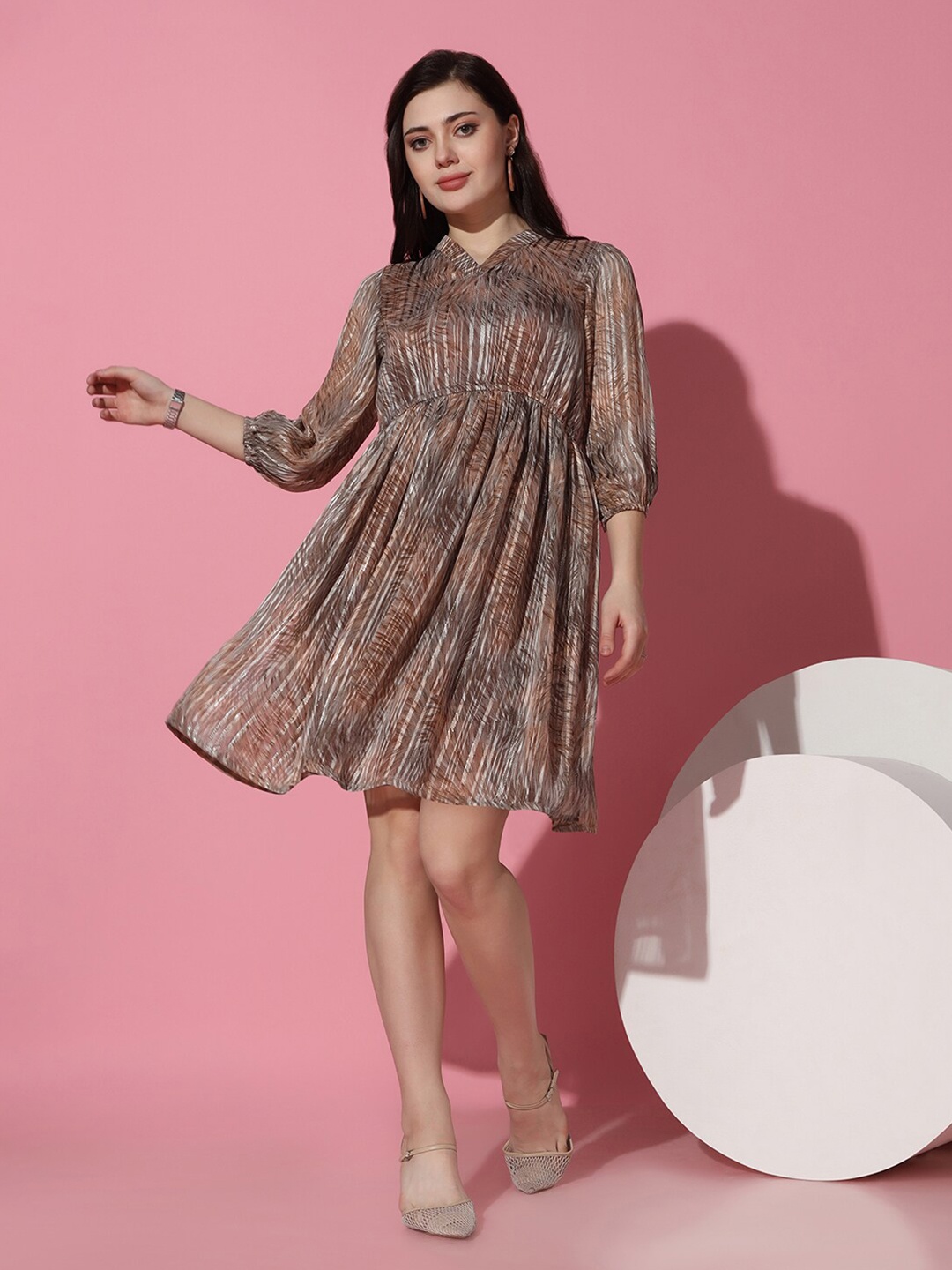 

FASHION DREAM Mandarin Collar Puff Sleeves Print Georgette Fit & Flare Dress, Brown