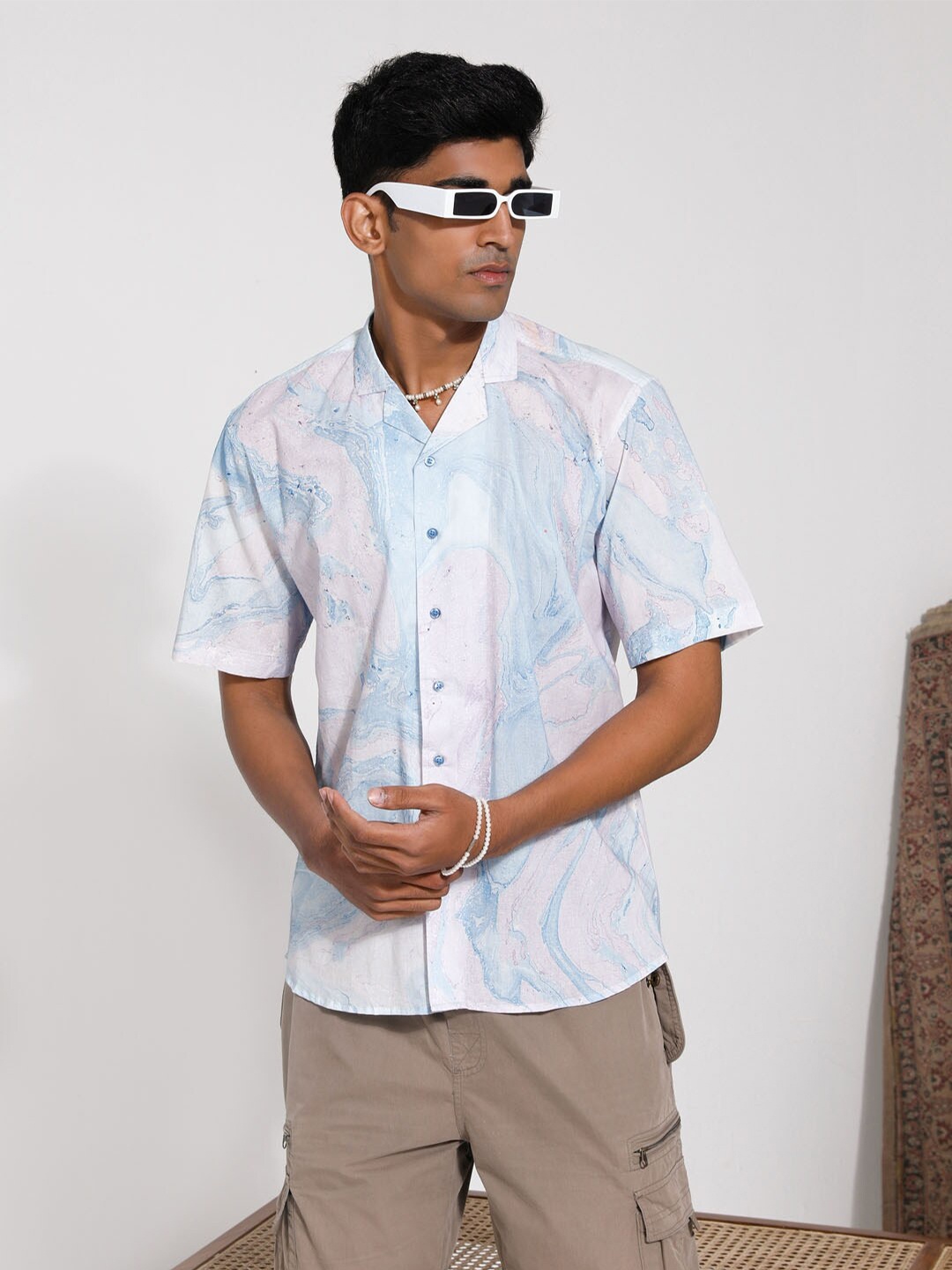 

VASTRAMAY Premium Cuban Collar Printed Cotton Party Shirt, Lavender