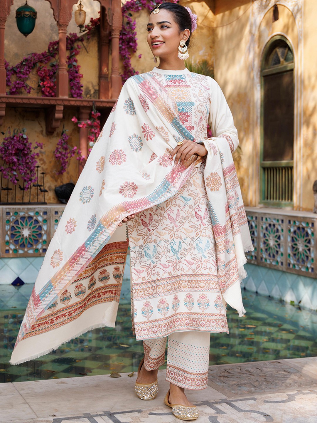 

KIDAR Floral Woven Design Regular Kurta With Trouser & Dupatta, White