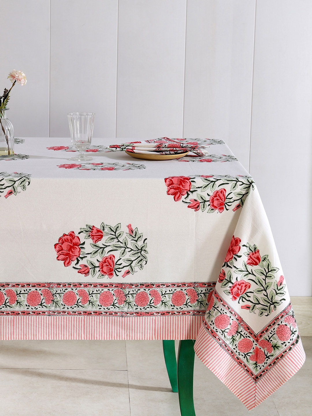 

HANDICRAFT PALACE White & Red 5 Pieces Floral Cotton Rectangle Table Cover