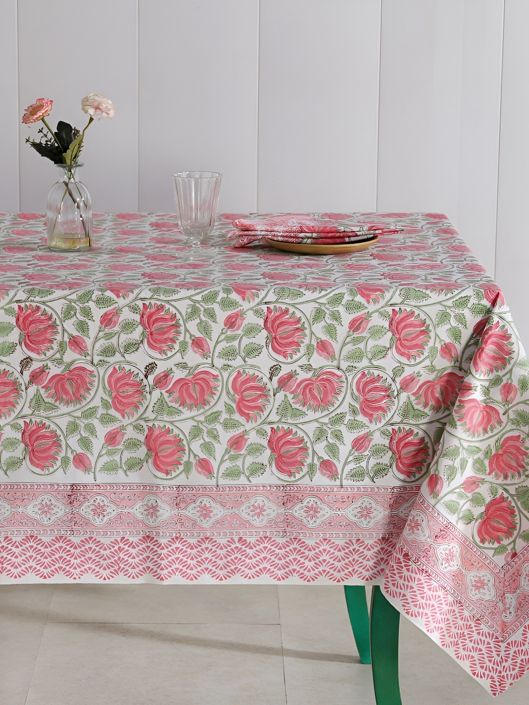 

HANDICRAFT PALACE Pink & White 5 Pieces Floral Cotton Rectangle Table Cover