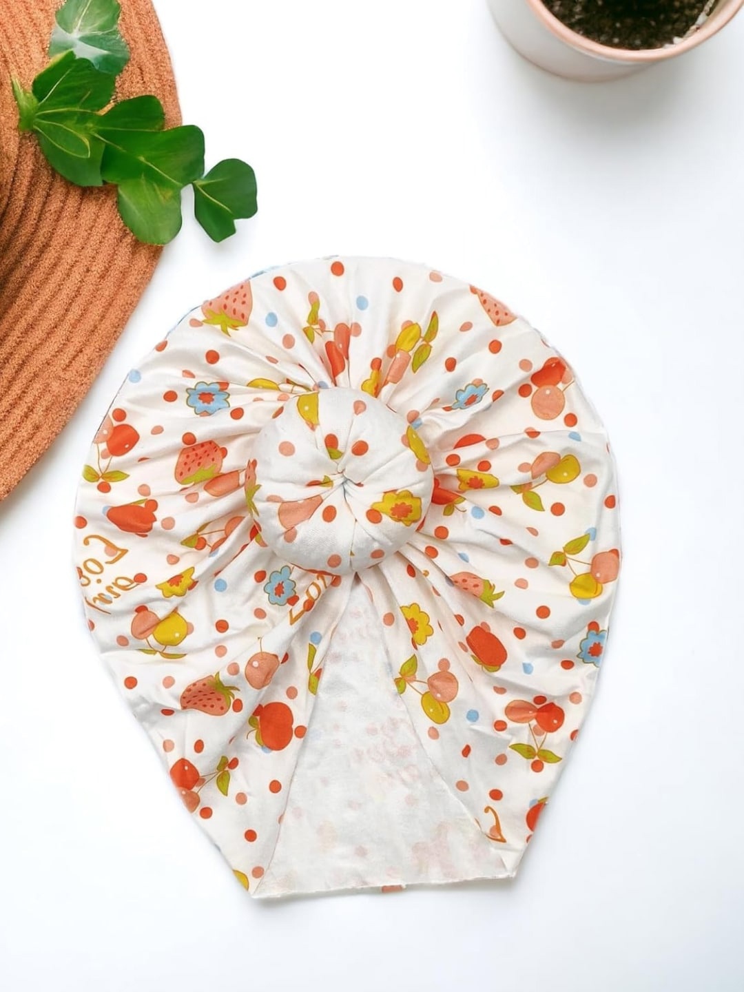 

ANNA CREATIONS Infant Girls Printed Turban Beanie Cap, White