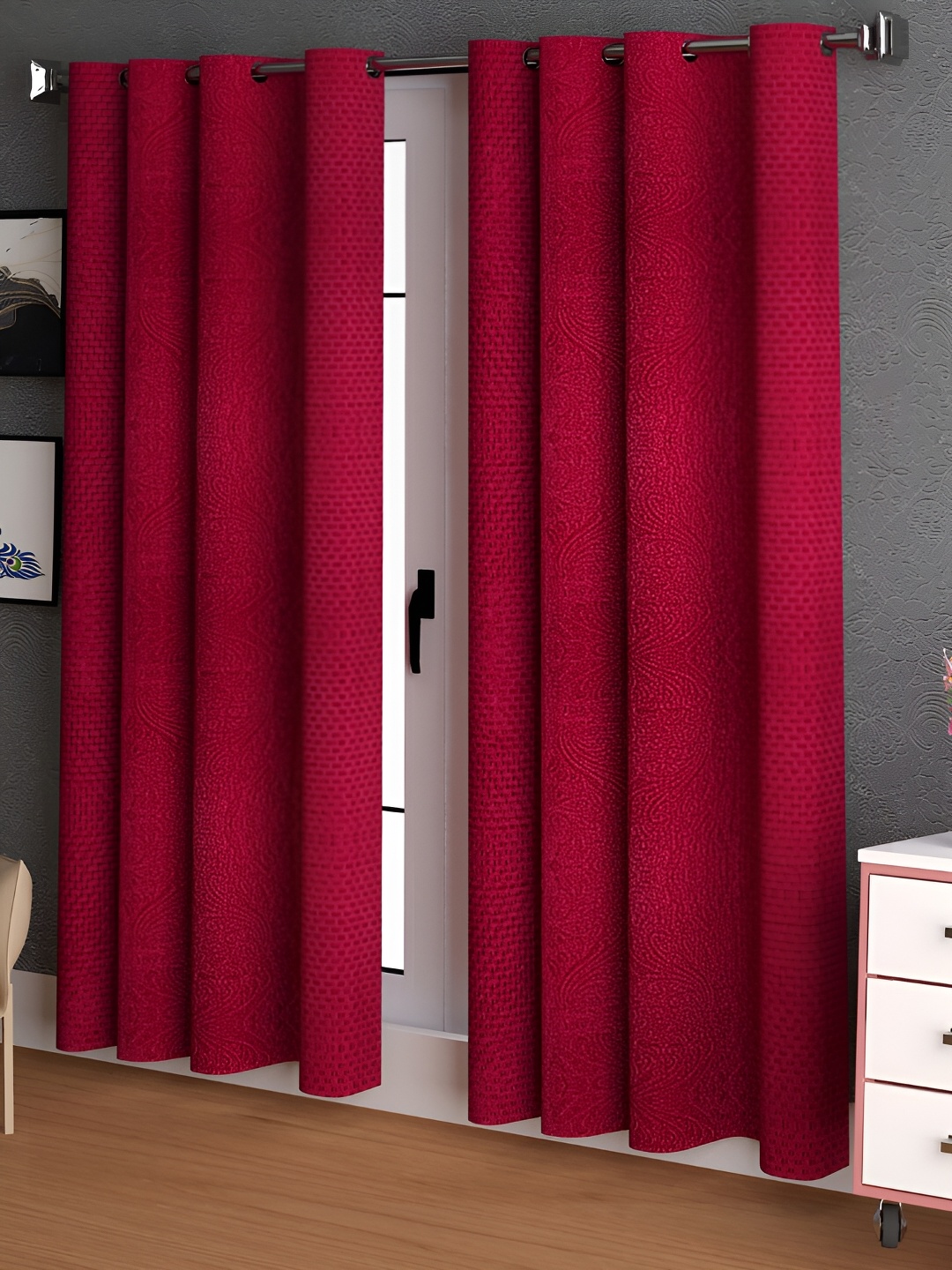 

Lunar Days Maroon 2 Pieces Floral Room Darkening Long Door Curtain