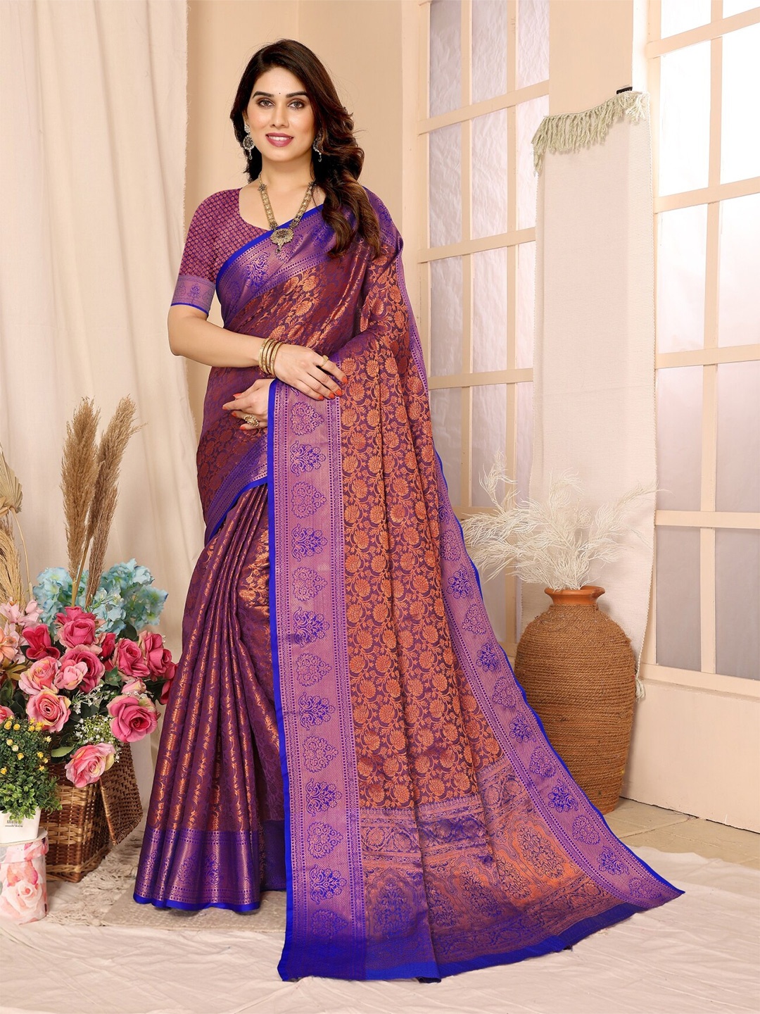 

vj fashion Floral Woven Design Zari Banarasi Saree, Blue