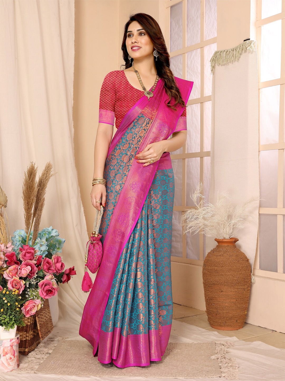 

vj fashion Floral Woven Design Zari Banarasi Saree, Pink