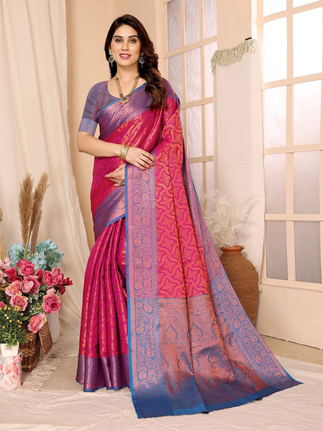

vj fashion Woven Design Zari Banarasi Saree, Pink