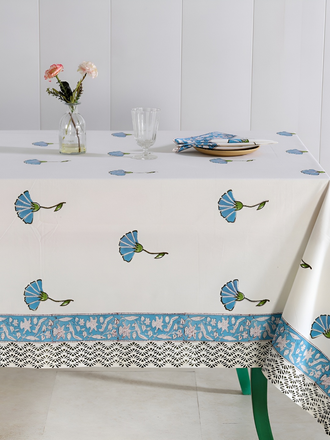 

HANDICRAFT PALACE Turquoise Blue & White 9 Pieces Floral Cotton Rectangle Table Cover