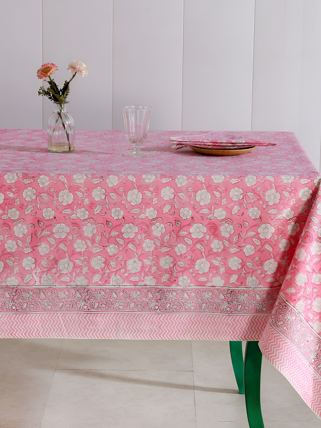 

HANDICRAFT PALACE Pink & White 9 Pieces Floral Cotton Rectangle Table Cover