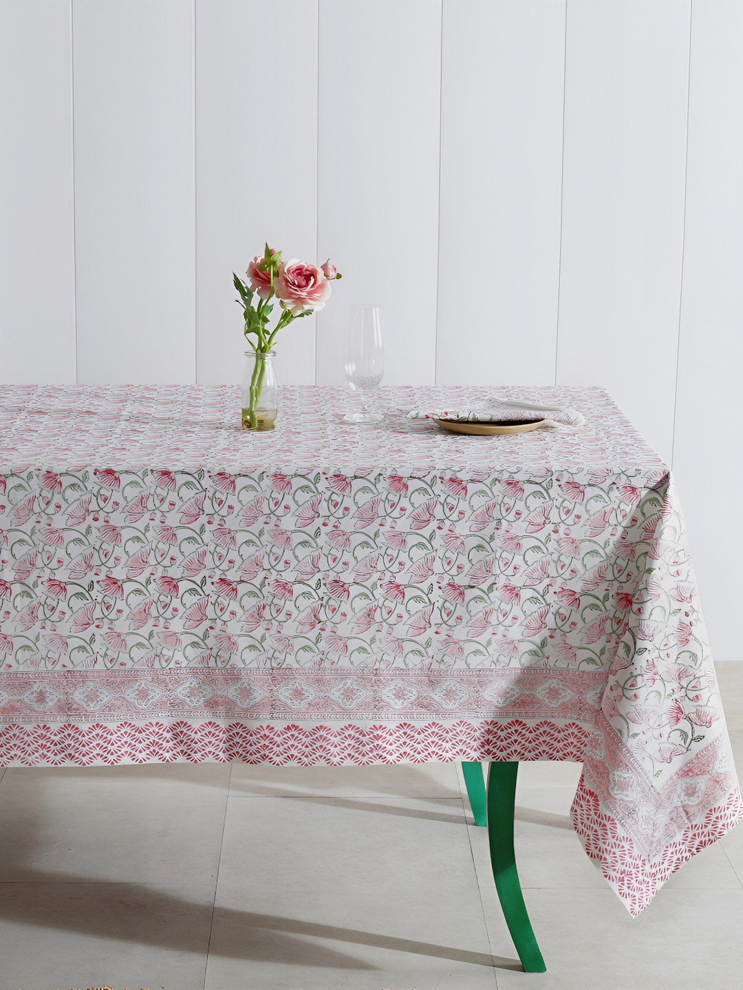 

HANDICRAFT PALACE White & Red 9 Pieces Floral Cotton Rectangle Table Cover