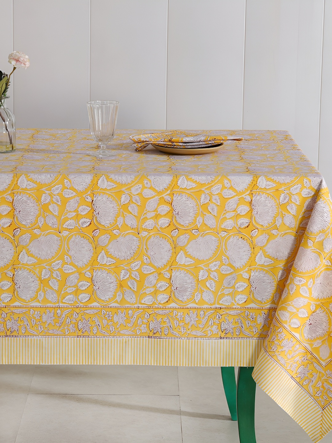 

HANDICRAFT PALACE Yellow & White 9 Pieces Floral Cotton Rectangle Table Cover