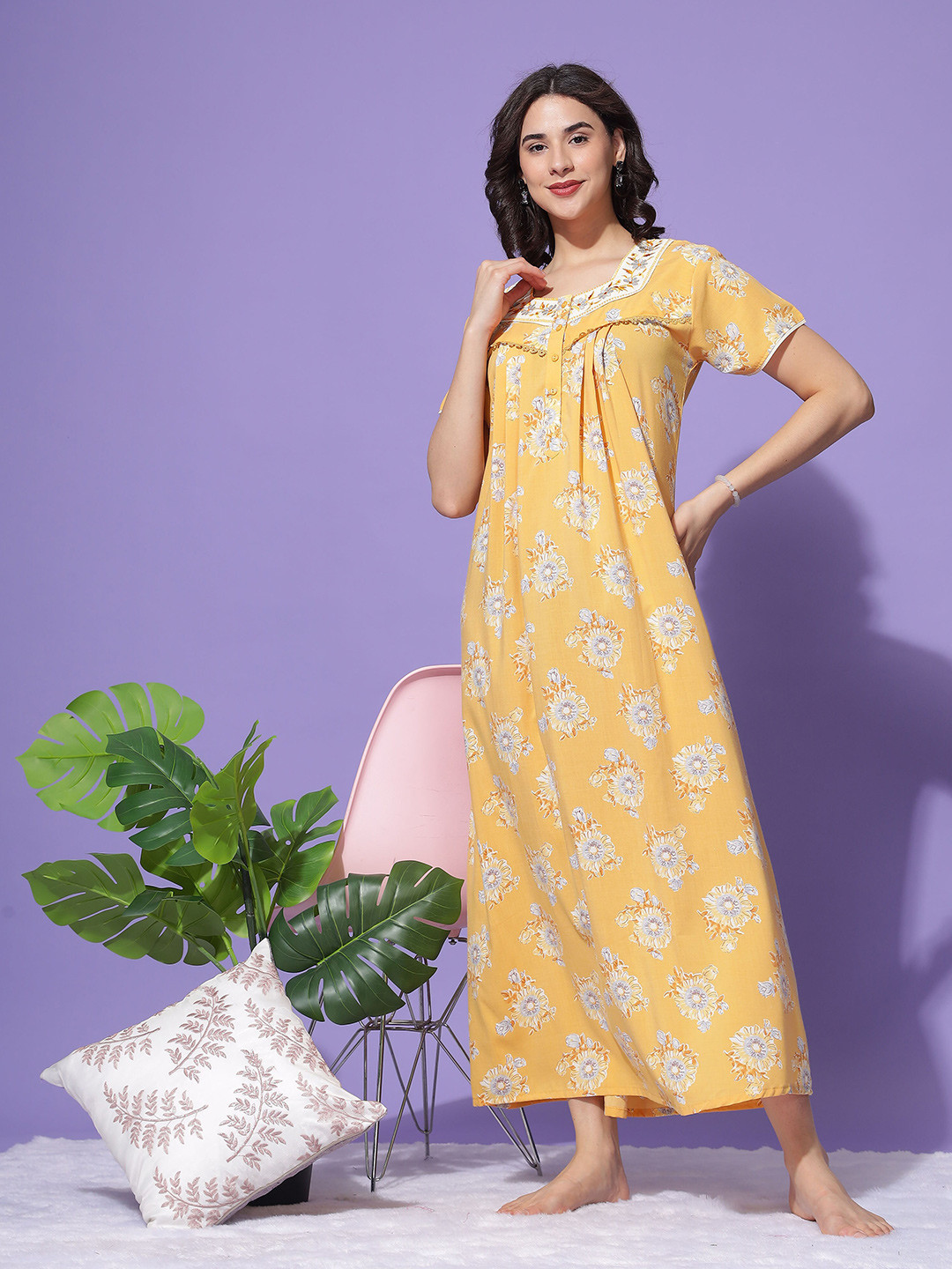 

9shines Label Printed Maxi Nightdress, Yellow
