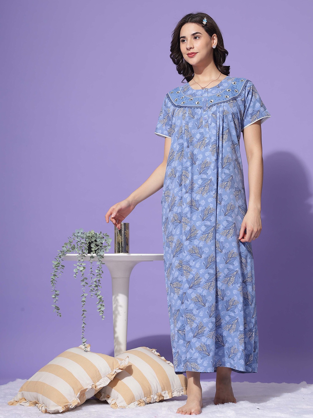 

9shines Label Printed Maxi Nightdress, Blue