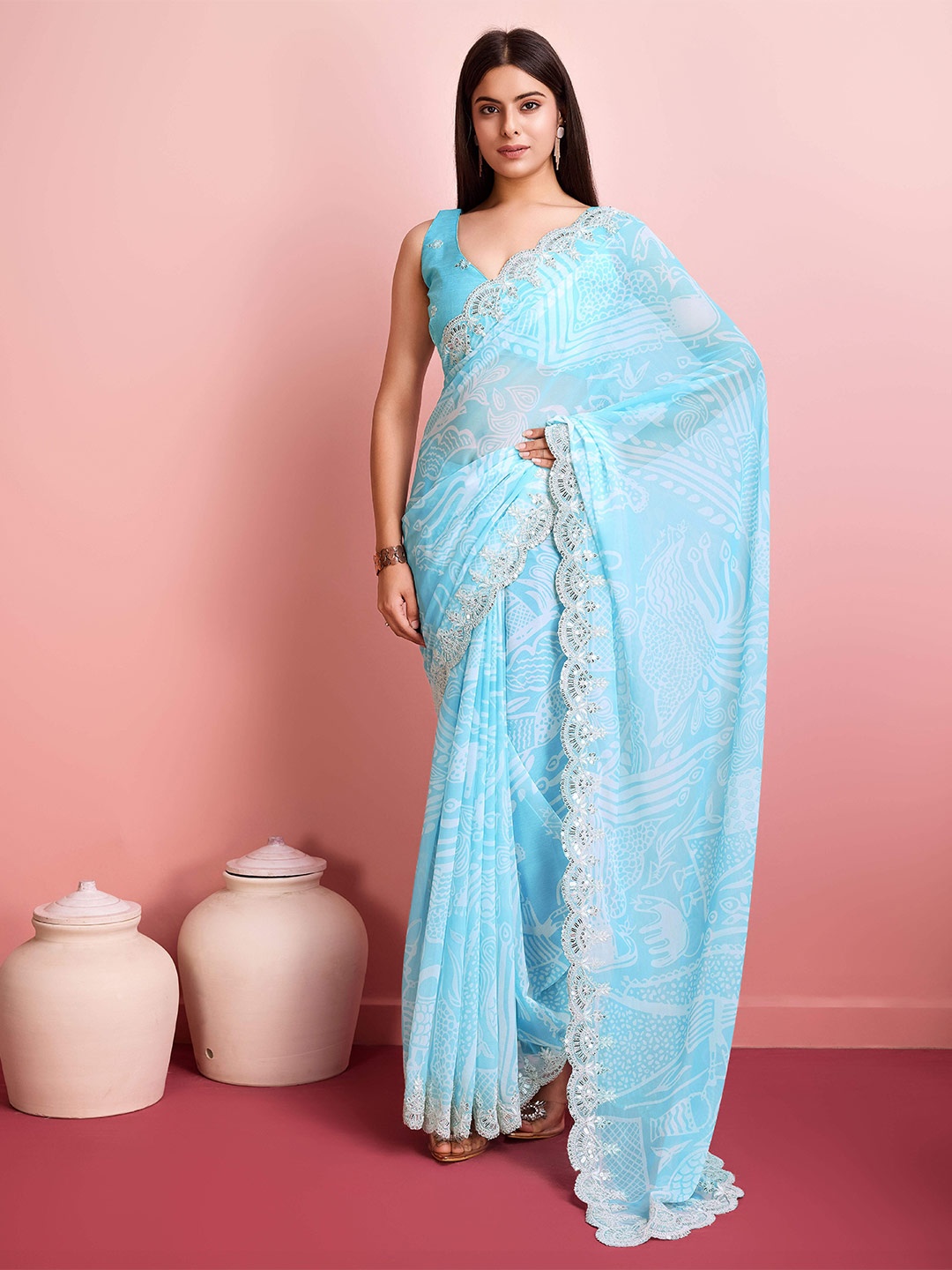 

HERE&NOW Floral Embroidered Saree, Blue