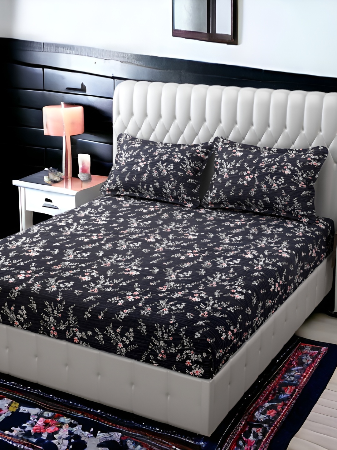 

FINE TEX WORLD Navy Blue Floral Microfiber 210 TC King Bedsheet with 2 Pillow Covers