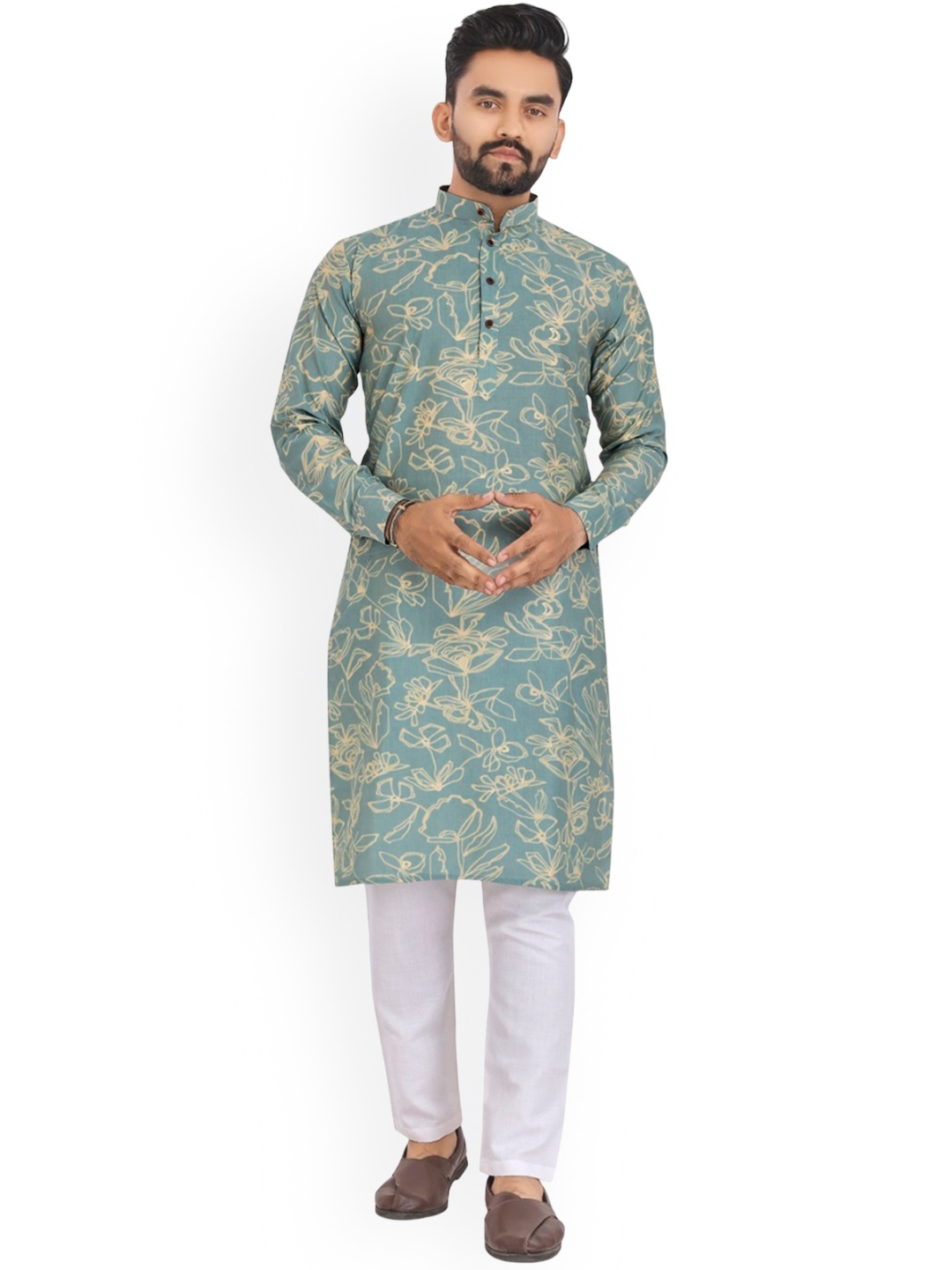 

BAESD Ethnic Motifs Printed Band Collar Long Sleeves Straight Kurta, Grey