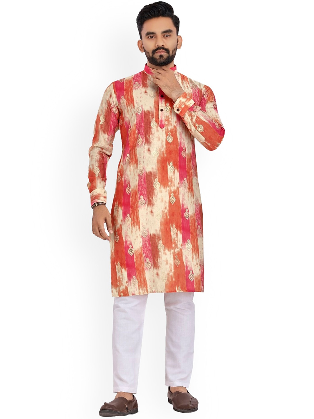 

BAESD Dyed Sequinned Mandarin Collar Pathani Kurta, Orange