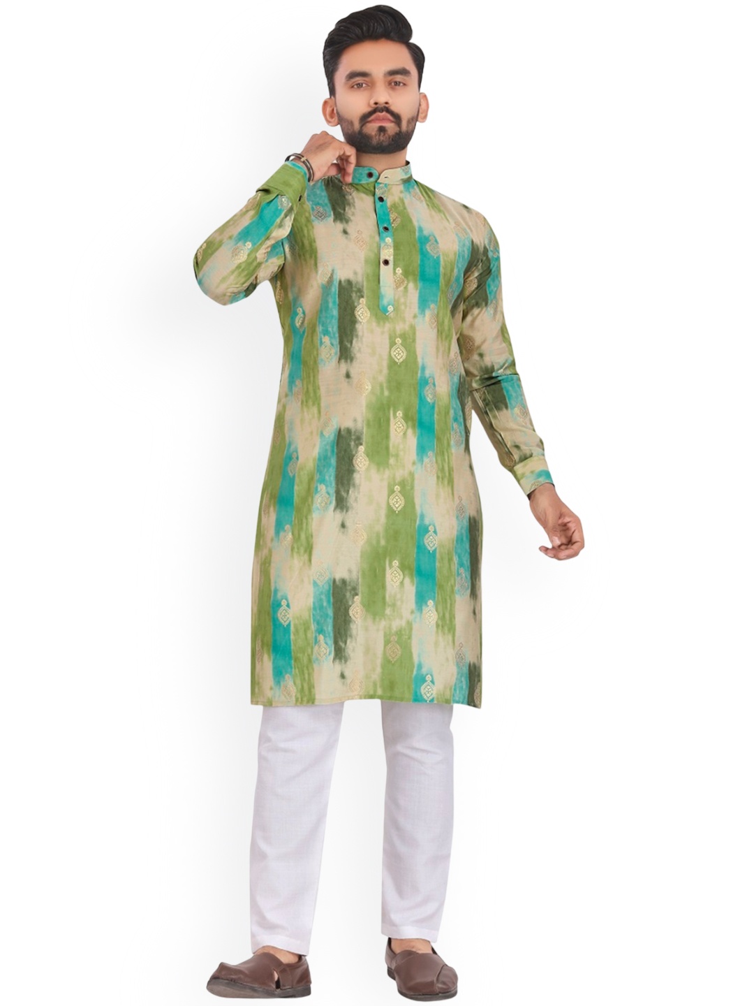 

BAESD Ethnic Motifs Printed Band Collar Long Sleeves Straight Kurta, Cream