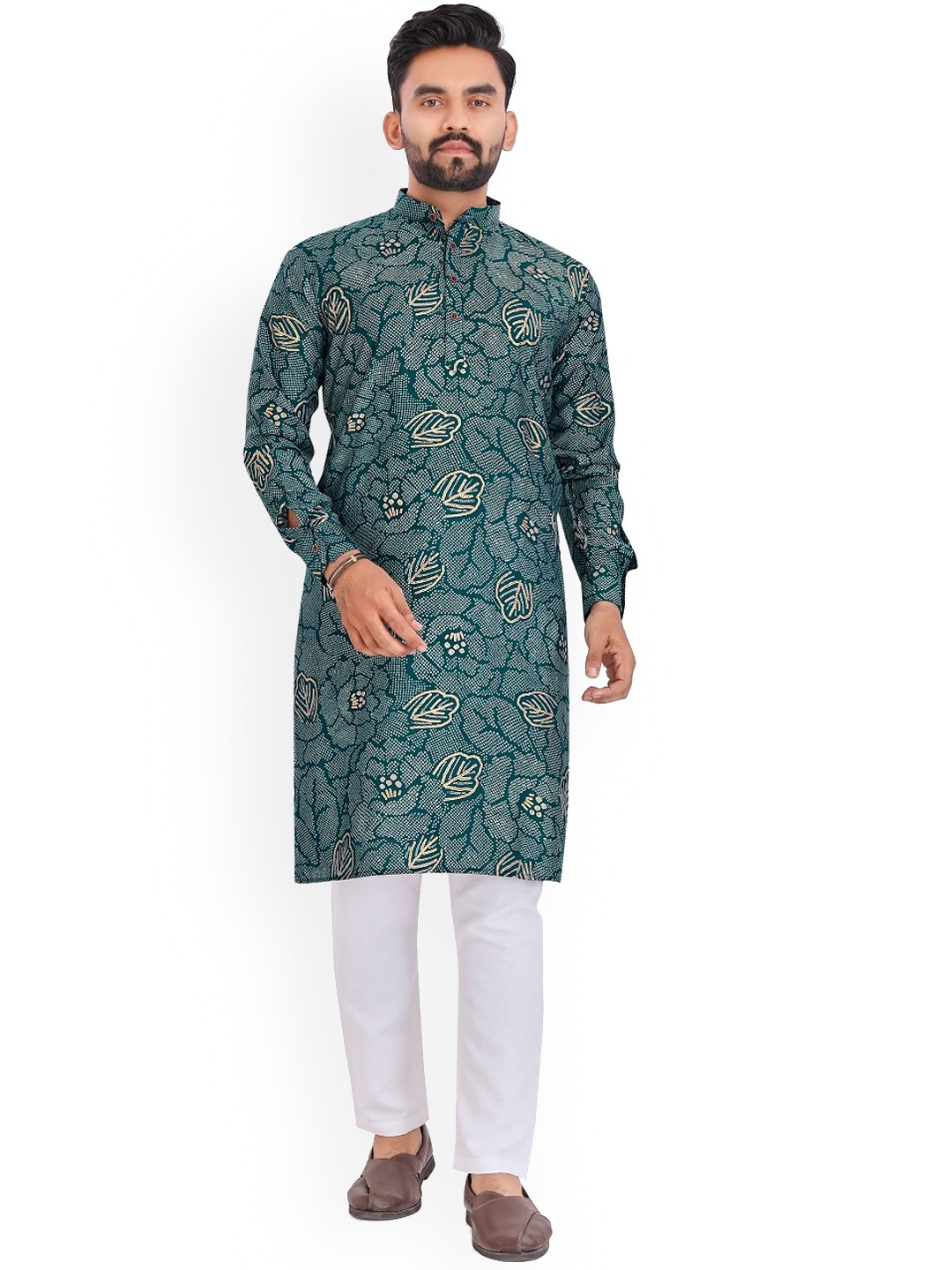 

BAESD Ethnic Motifs Printed Band Collar Straight Kurta, Teal