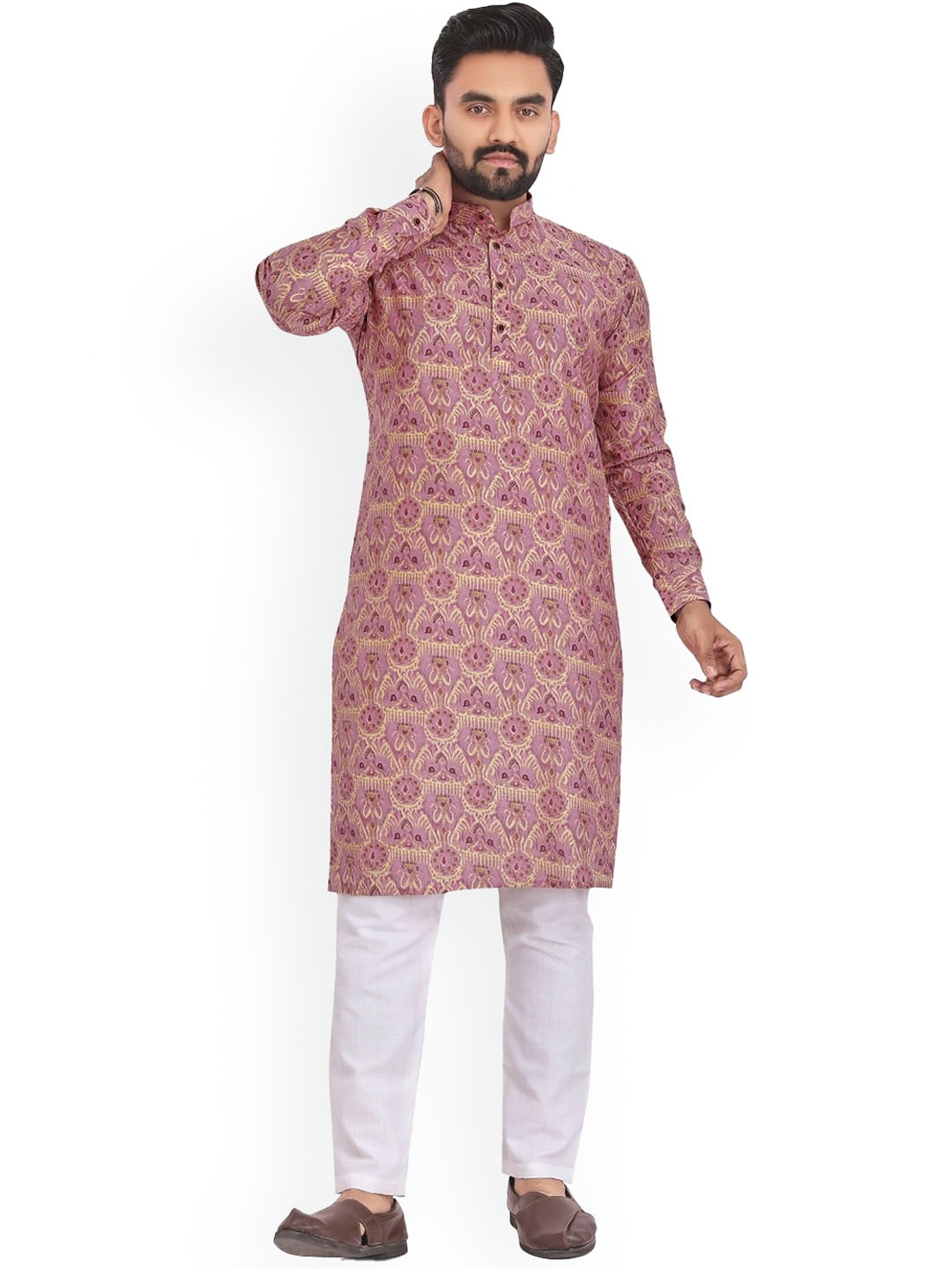 

BAESD Ethnic Motifs Printed Band Collar Long Sleeves Straight Kurta, Pink