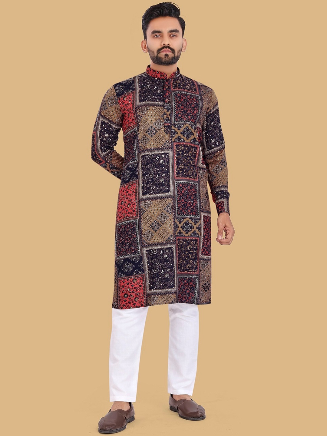 

BAESD Ethnic Motifs Printed Mandarin Collar Long Sleeves Straight Kurta, Blue