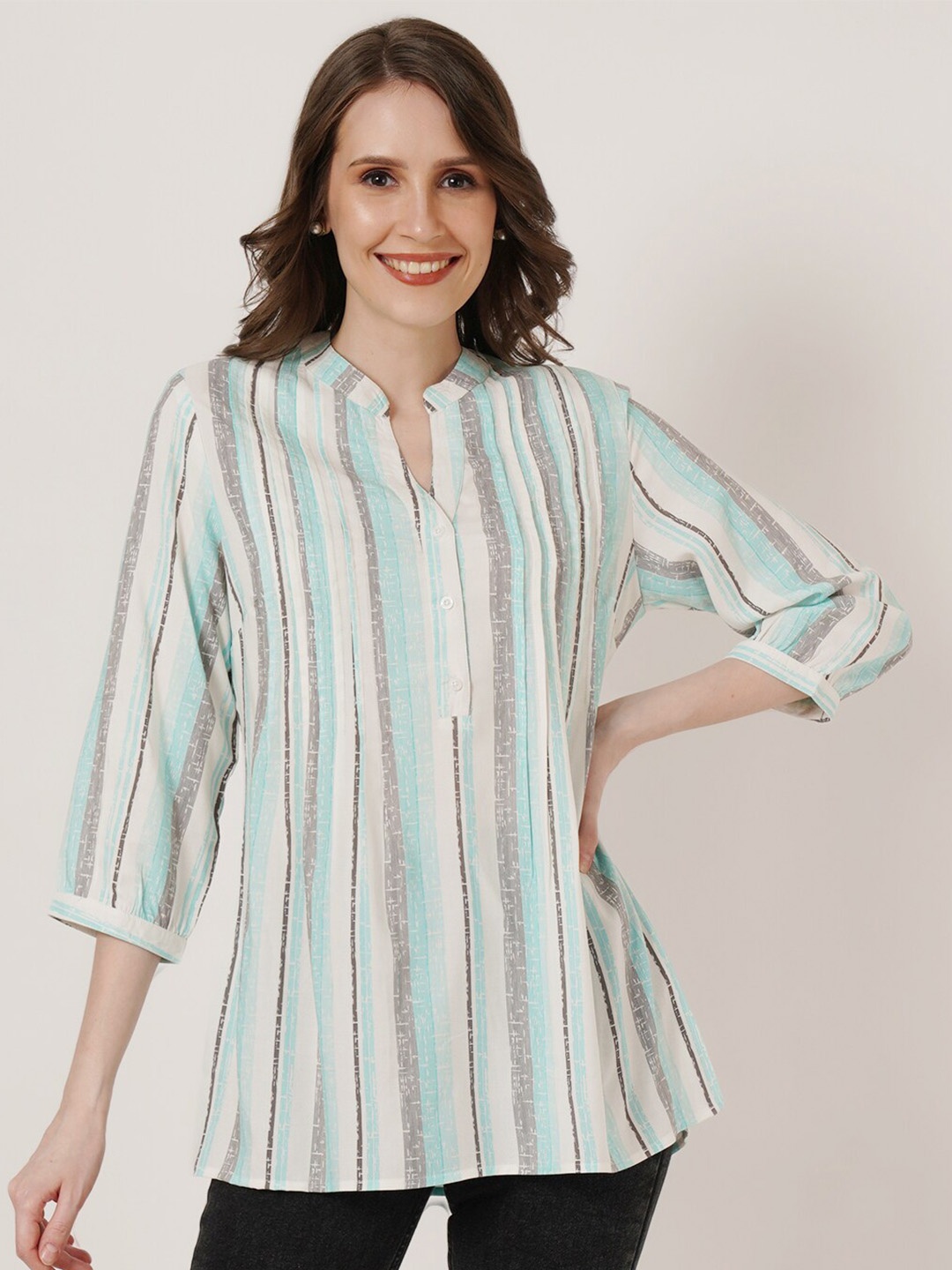 

IX IMPRESSION Striped Mandarin Collar Pleated Kurti, White