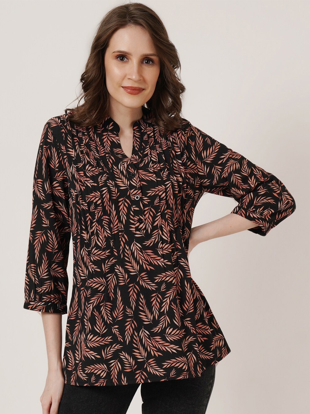 

IX IMPRESSION Ethnic Motifs Printed Pleated Kurti, Black
