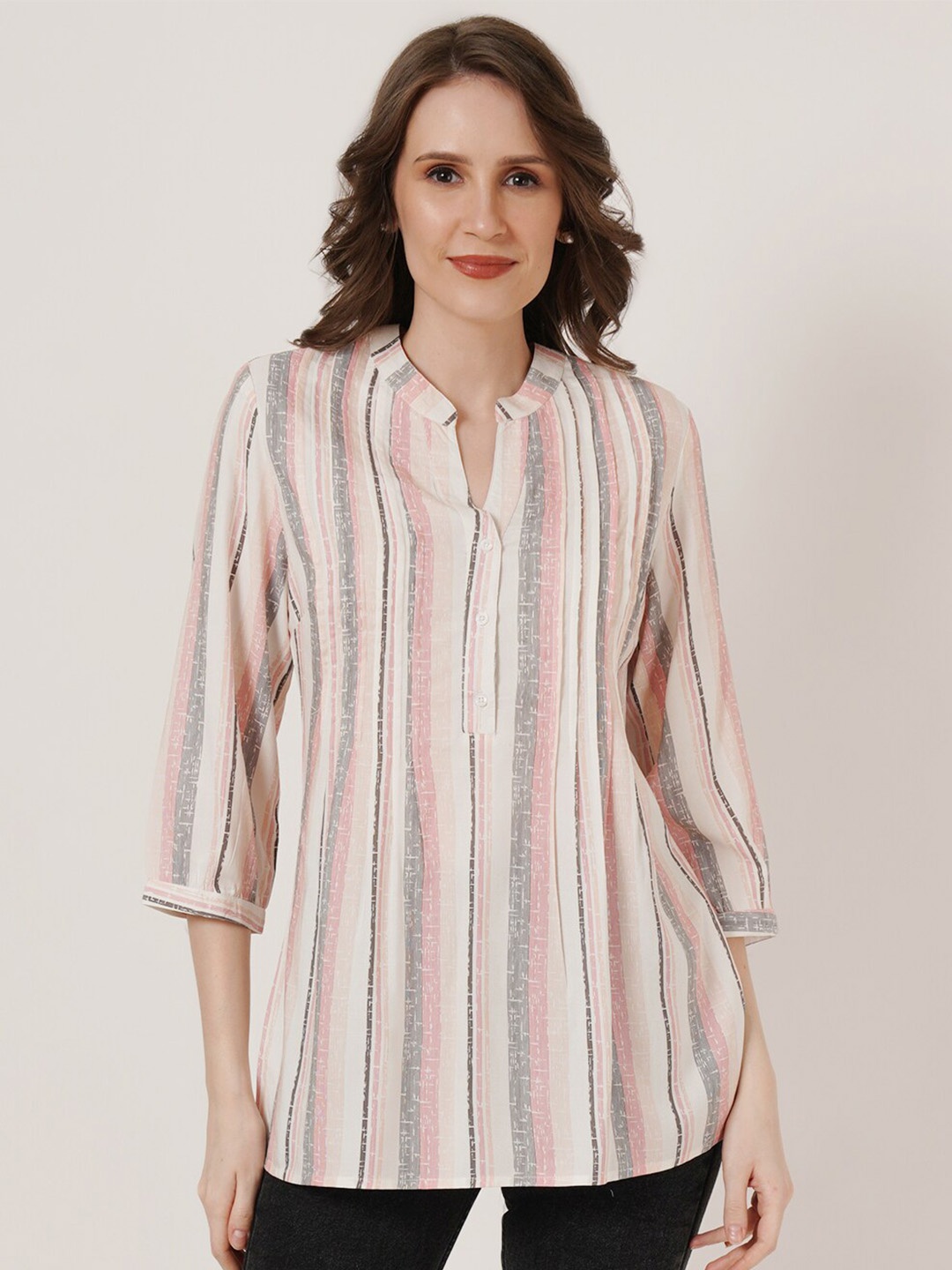 

IX IMPRESSION Striped Mandarin Collar Pleated Kurti, White