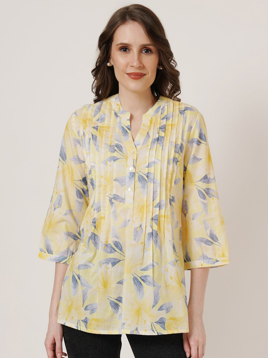

IX IMPRESSION Ethnic Motifs Printed Mandarin Collar Pleated Kurti, Yellow