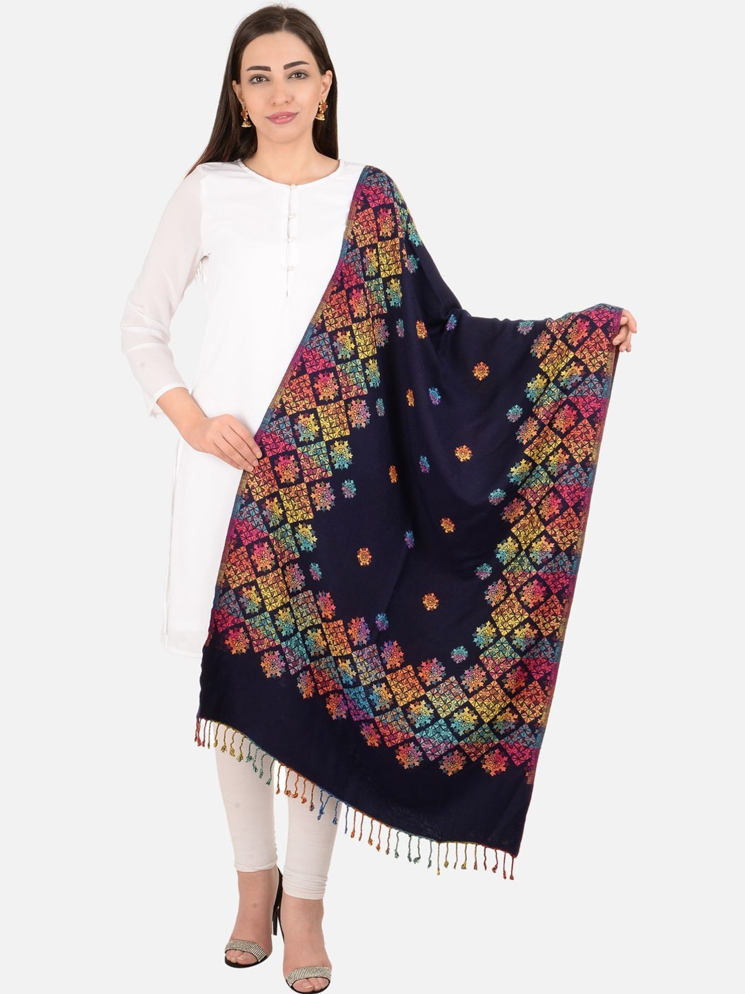 

BAISA Women Ethnic Motifs Woven Design Woollen Shawl, Navy blue