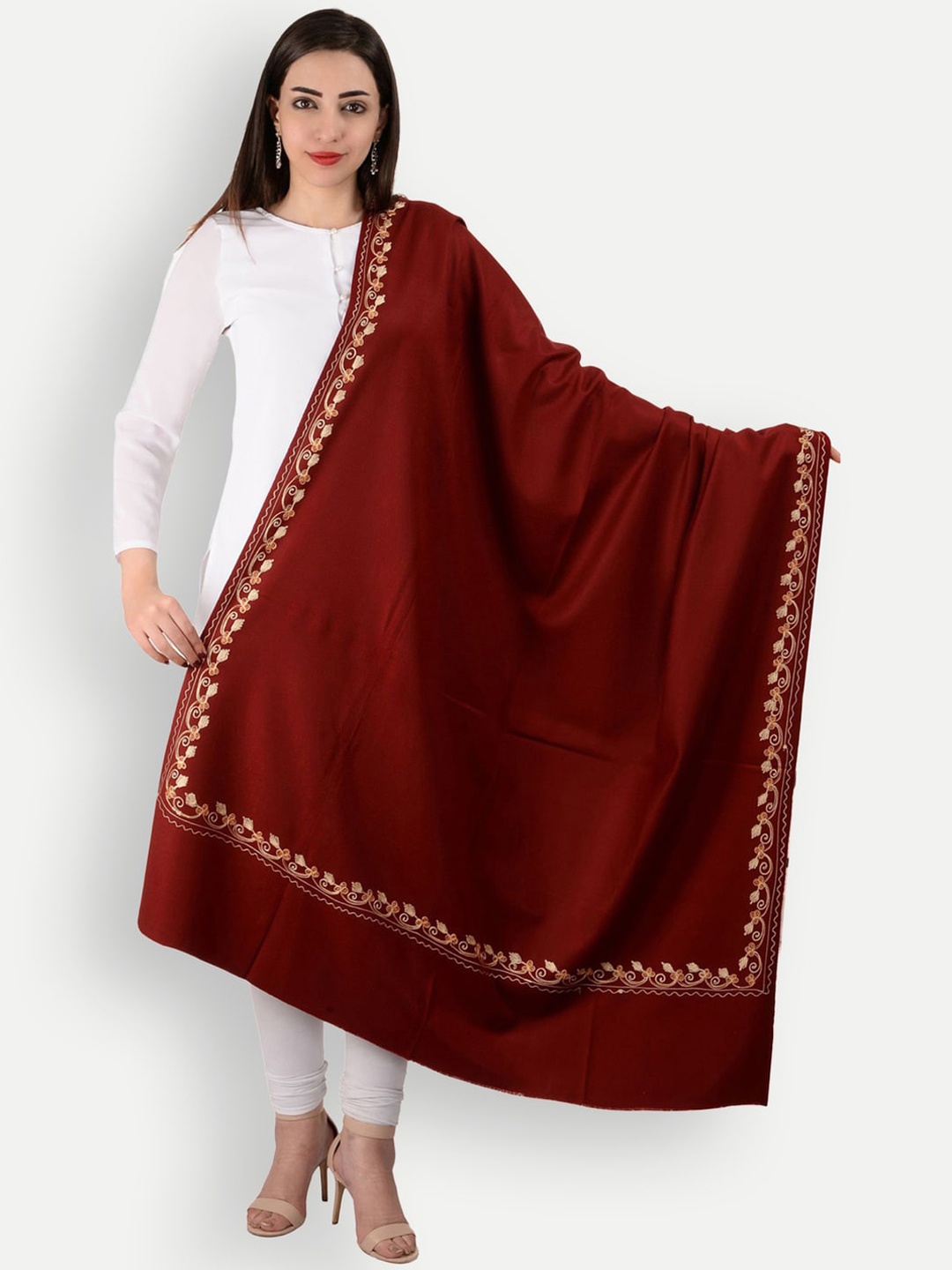 

BAISA Women Floral Embroidered Woollen Shawl, Maroon