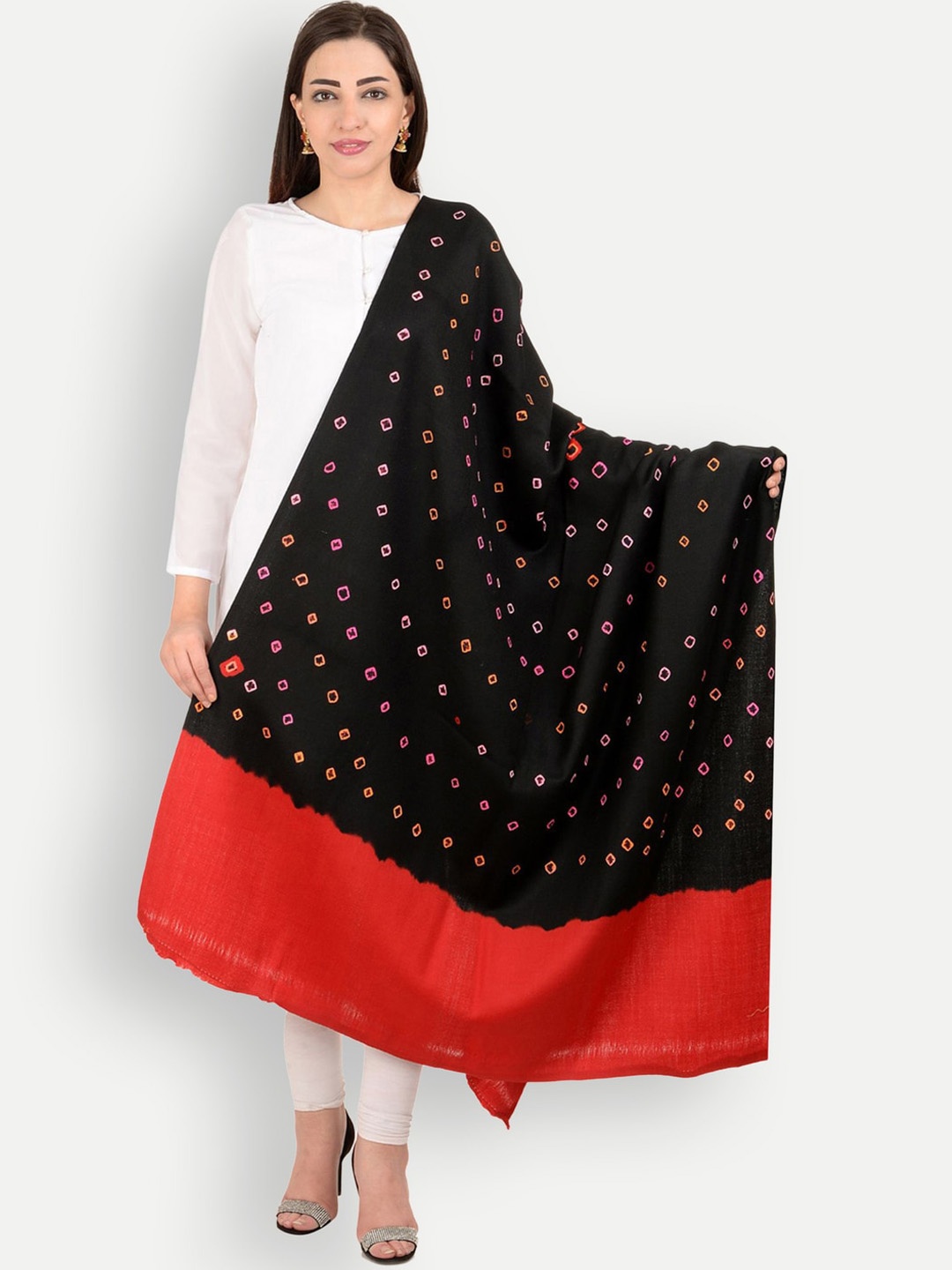 

BAISA Women Bandhani Woven Design Pure Wool Shawl, Black