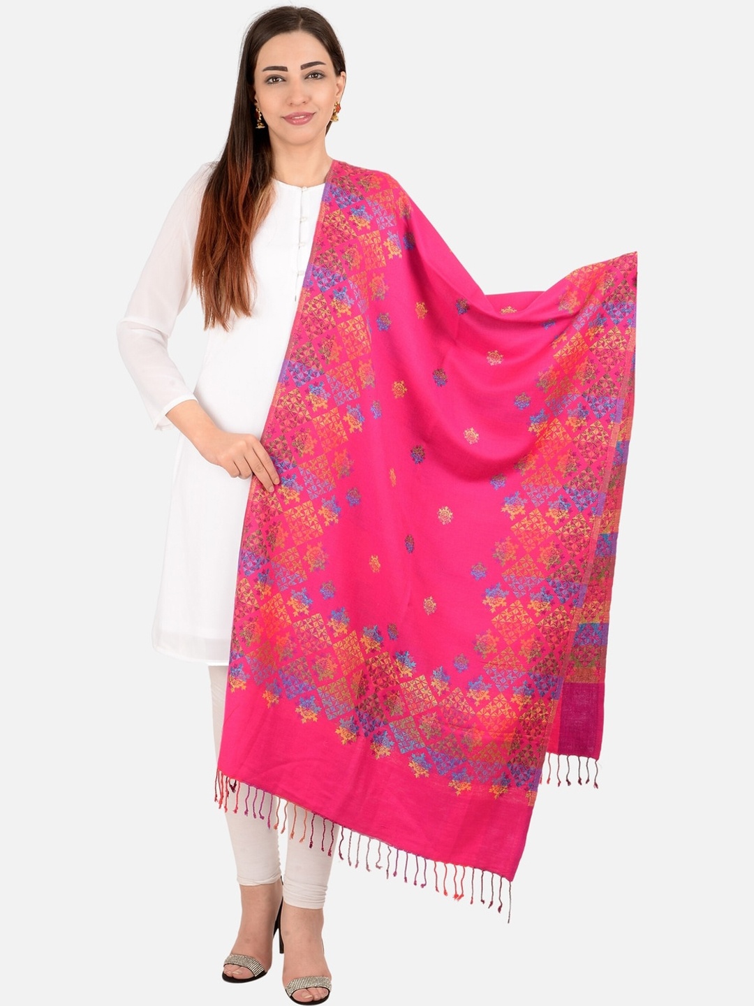 

BAISA Women Ethnic Motifs Woven Design Woollen Shawl, Pink