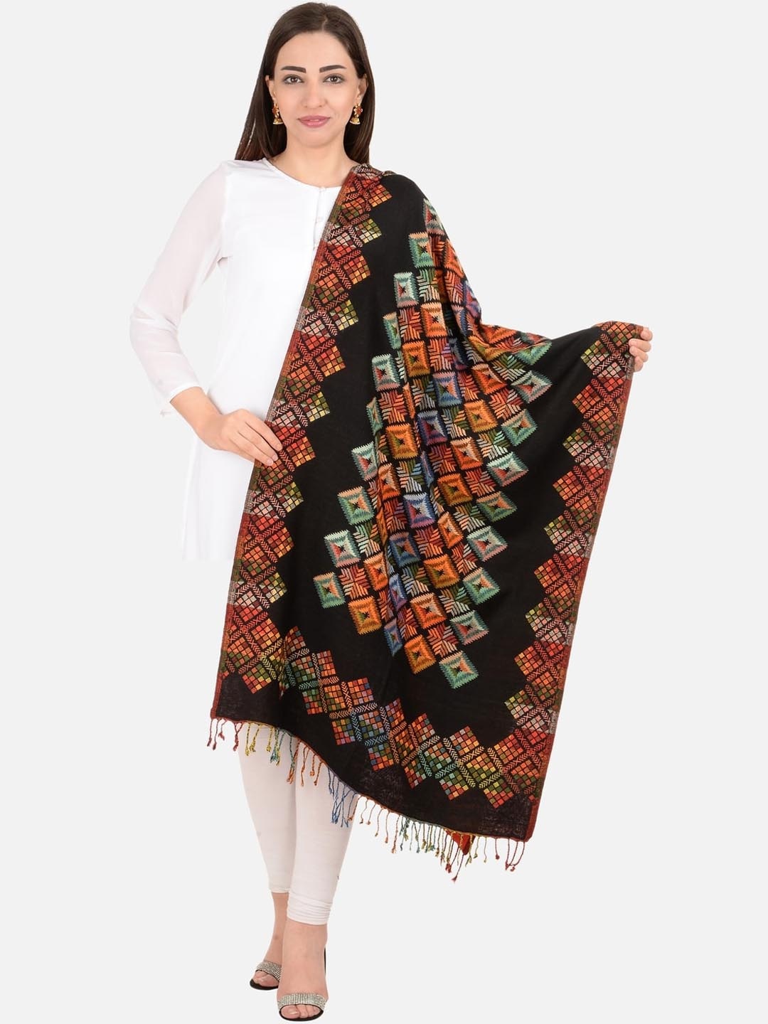 

BAISA Geometric Printed Pure Wool Shawl, Black