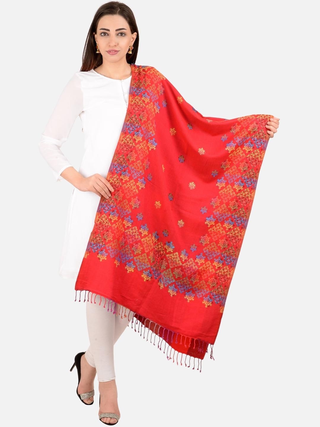 

BAISA Women Ethnic Motifs Woven Design Pure Wool Shawl, Red