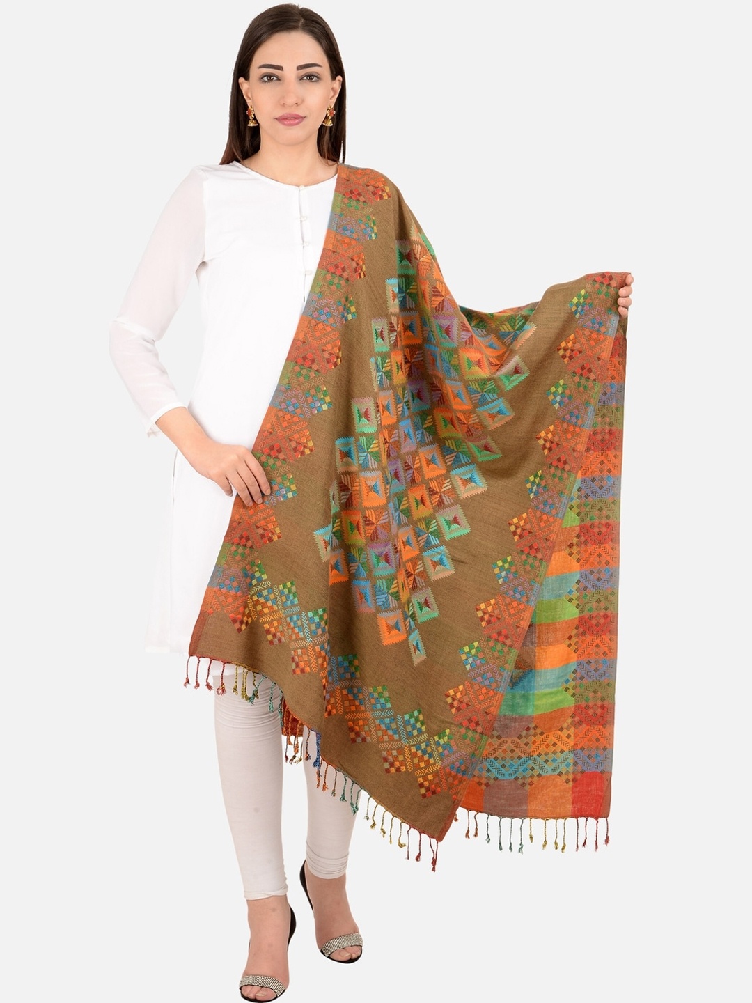 

BAISA Women Geometric Woven Design Woollen Shawl, Olive