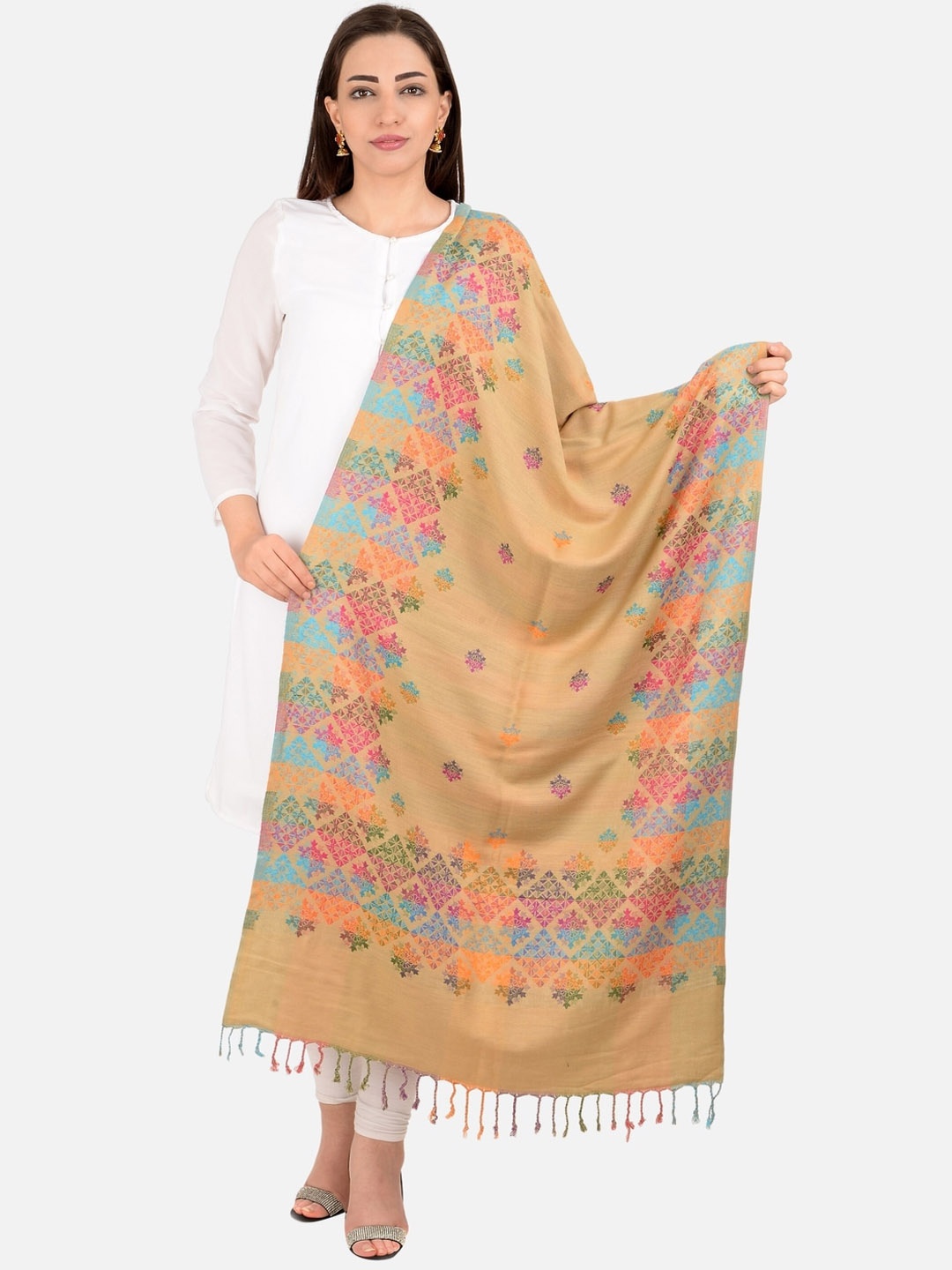 

BAISA Women Ethnic Motifs Woven Design Woollen Shawl, Beige