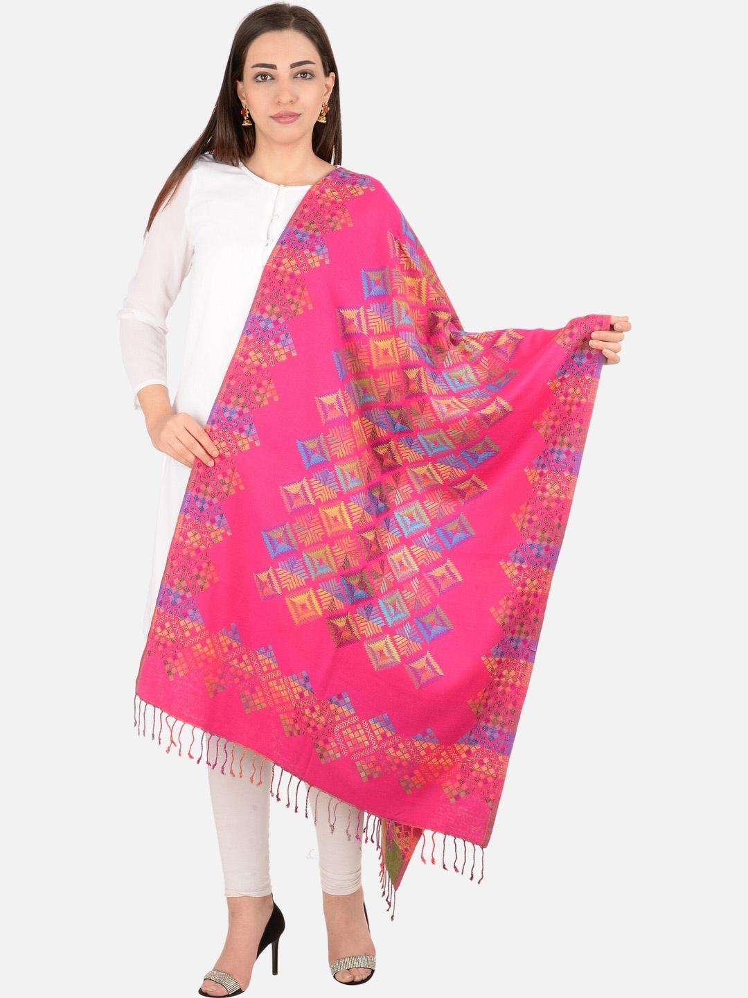 

BAISA Women Geometric Woven Design Woollen Shawl, Pink