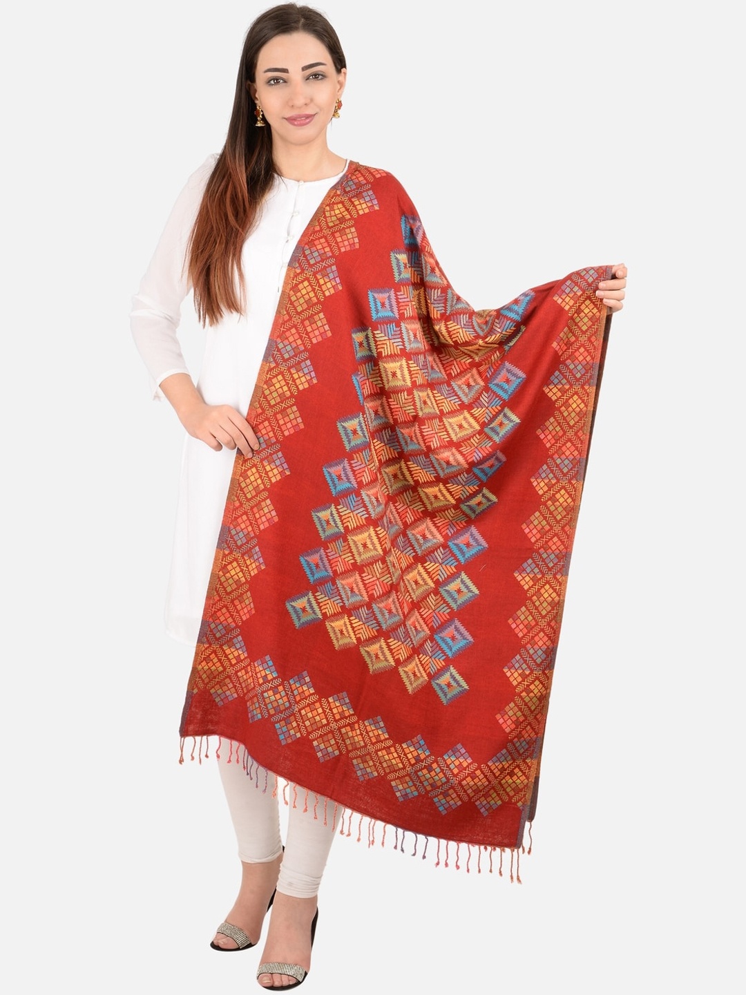 

BAISA Women Geometric Woven Design Woollen Shawl, Maroon