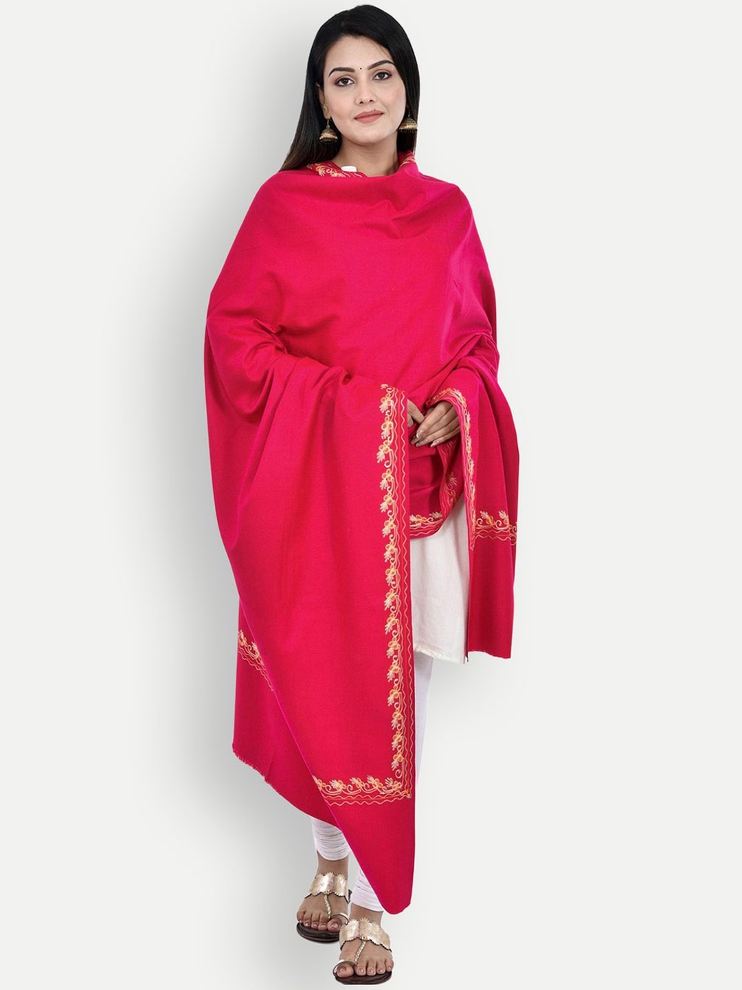 

BAISA Women Floral Embroidered Woollen Shawl, Fuchsia