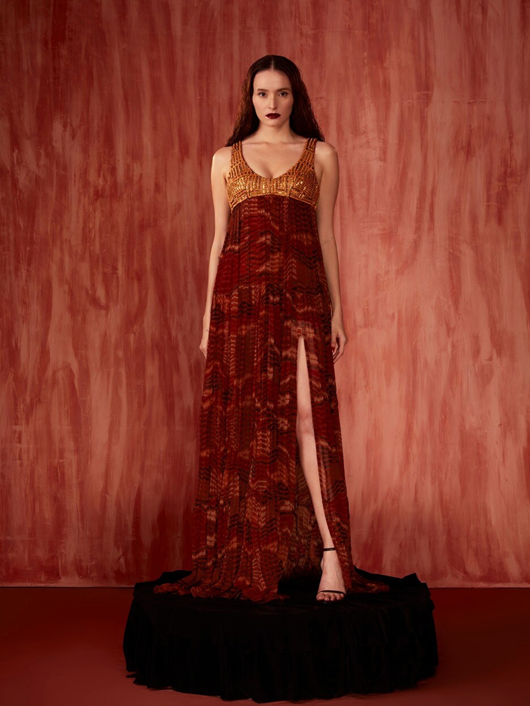 

Nikita Mhaisalkar Striped Printed Round Neck Maxi With Mosaic Brick Embroidery Dress, Orange