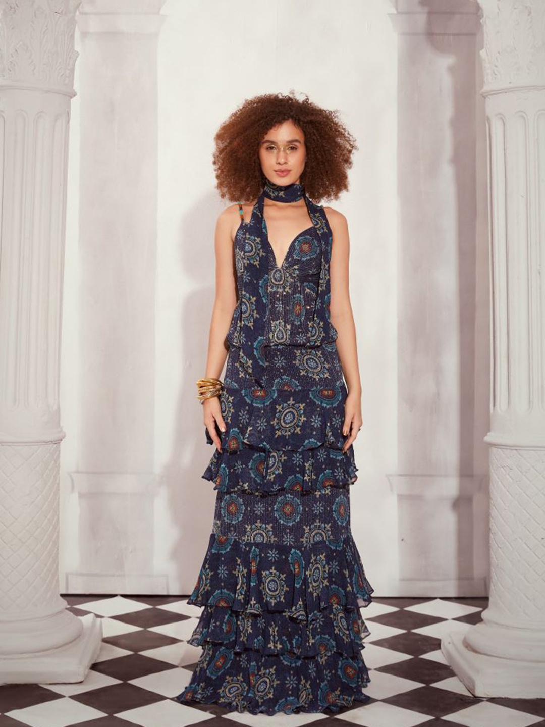 

Nikita Mhaisalkar Ethnic Motifs Layered Maxi Dress With Neck Scarf, Blue
