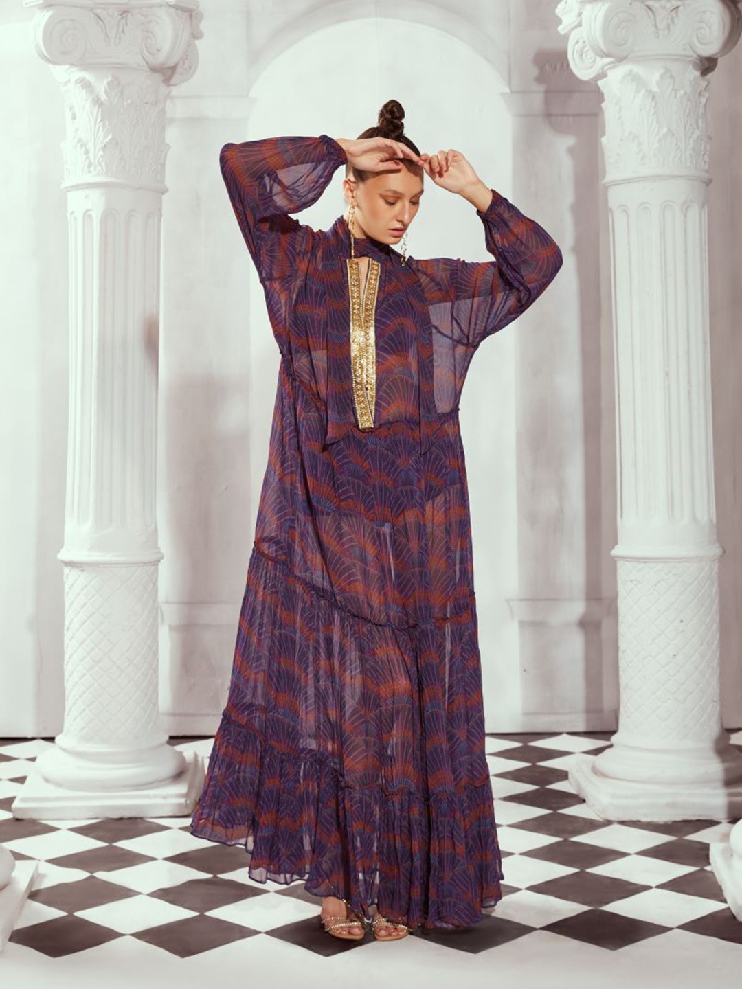 

Nikita Mhaisalkar Self Design Printed Georgette Sheer Maxi Dress, Purple