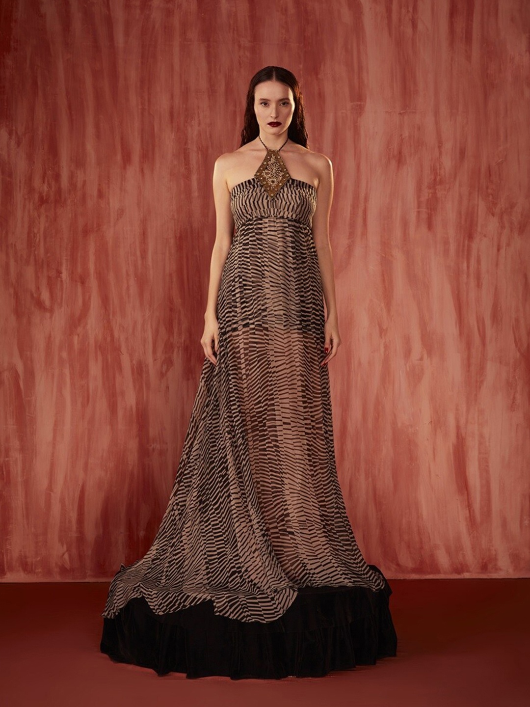 

Nikita Mhaisalkar Byzantine Animal Printed Halter Neck Chiffon Empire Maxi Dress, Black