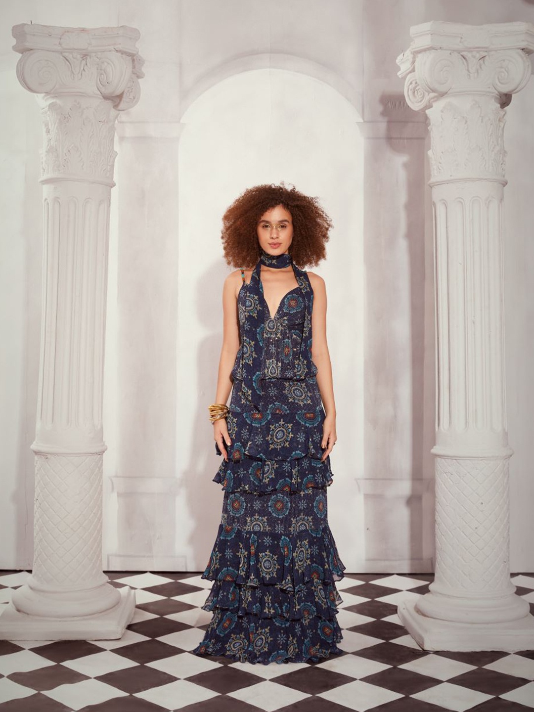 

Nikita Mhaisalkar Ethnic Motifs Printed Shoulder Straps Layered Georgette Maxi Dress, Blue