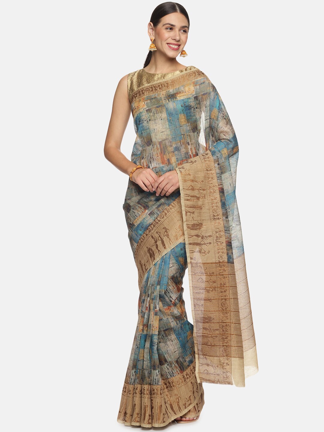 

Kancheepuram Kalakshetra Silks Vibe in Tribe Abstract Printed Zari Jute Cotton Saree, Khaki