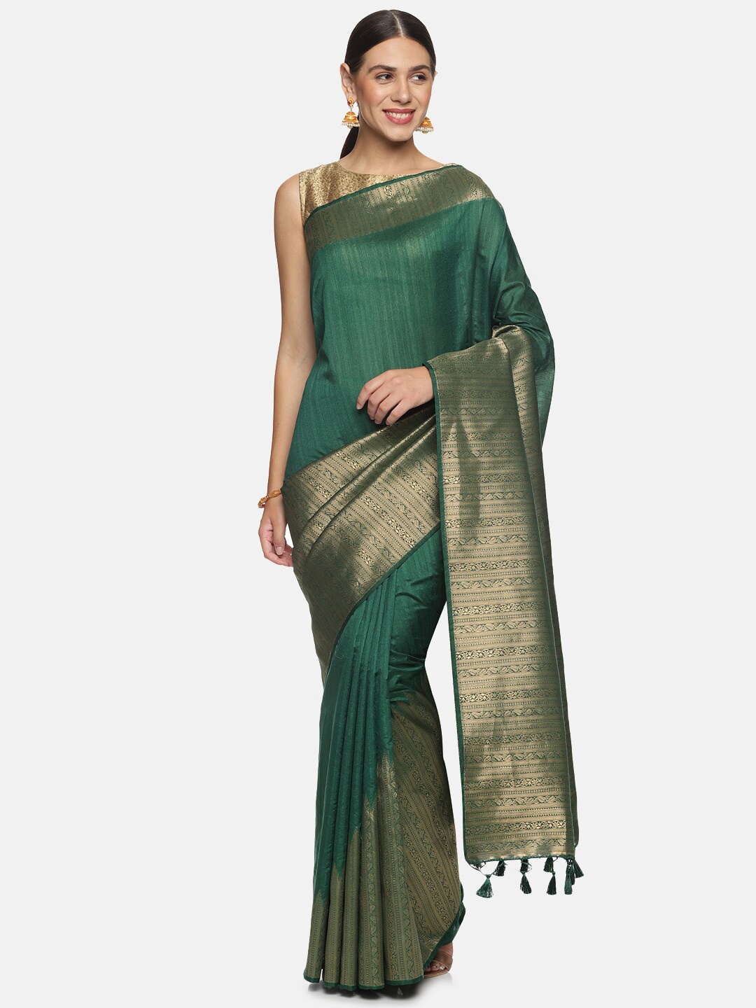 

Kancheepuram Kalakshetra Silks Rising Green Woven Design Zari Saree