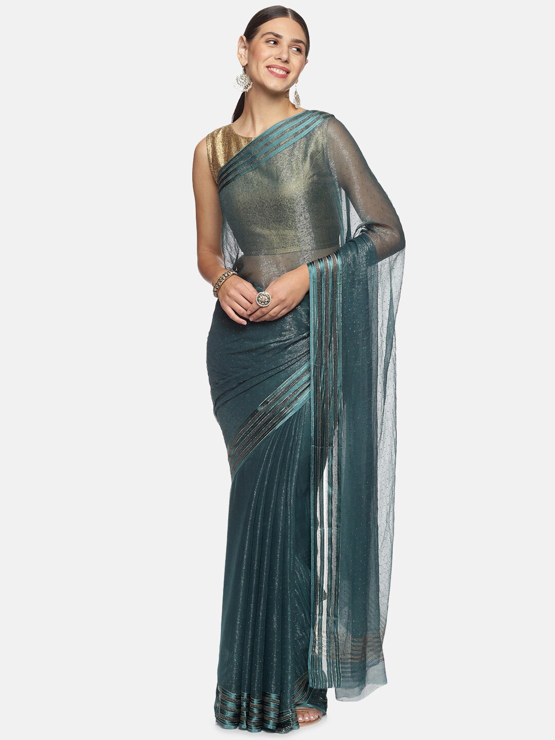 

Kancheepuram Kalakshetra Silks Midnight Swarovski Pure Chiffon Saree, Blue