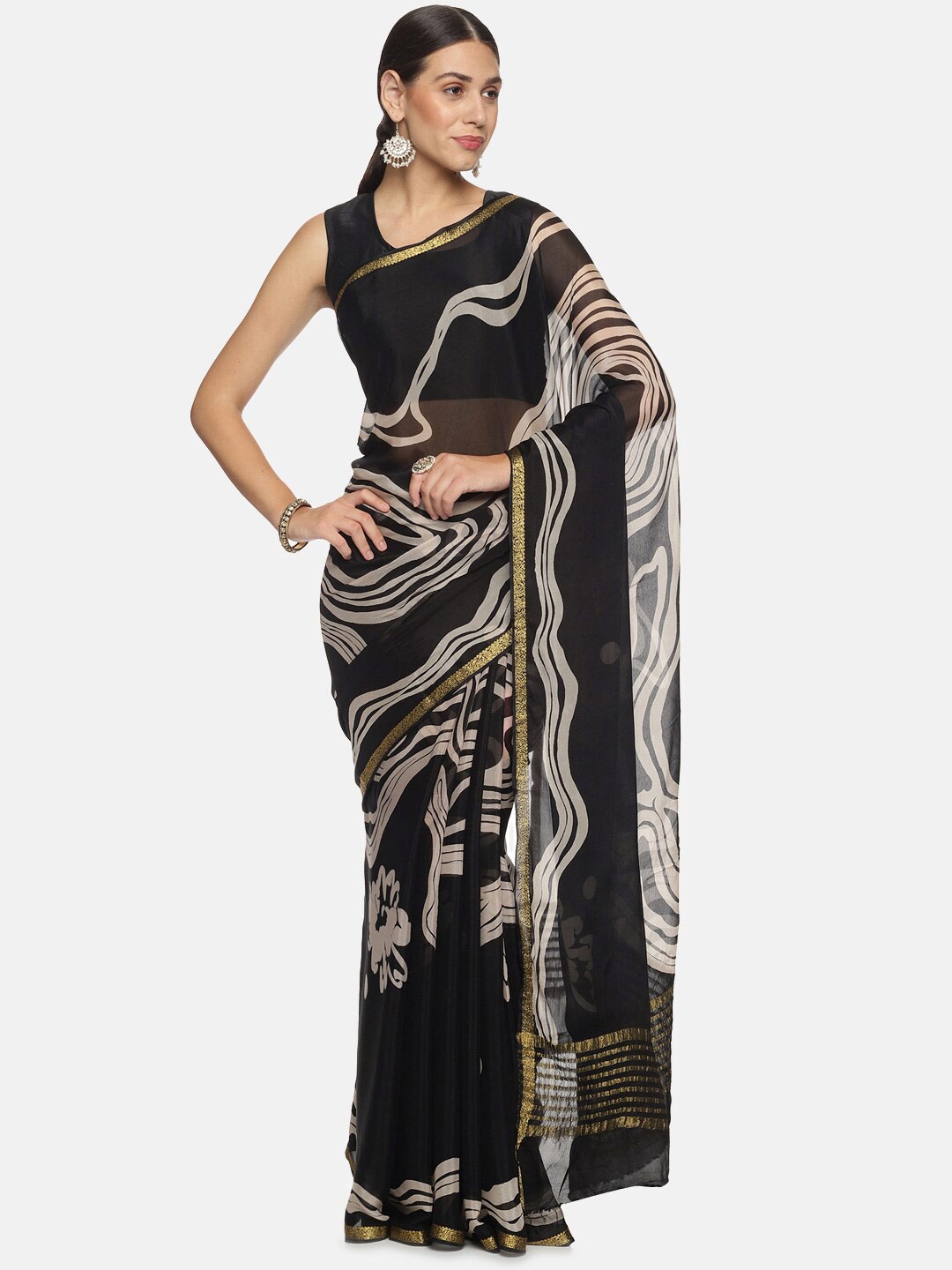 

Kancheepuram Kalakshetra Silks Flowing dreams Abstract Printed Zari Pure Crepe Saree, Black