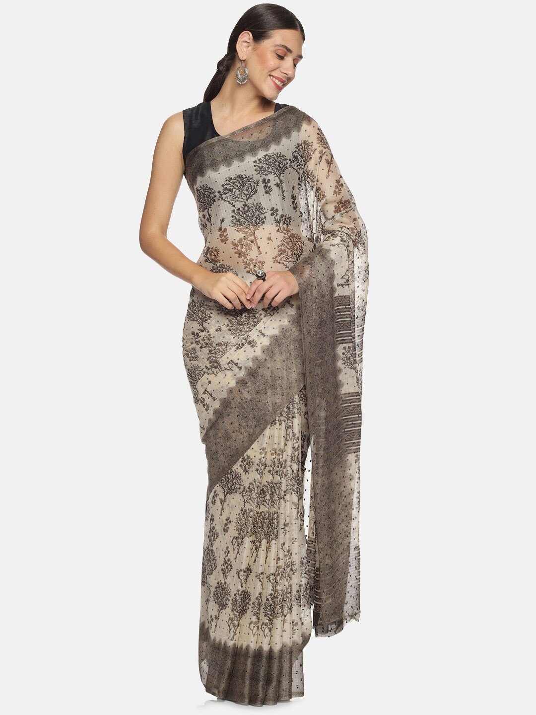 

Kancheepuram Kalakshetra Silks Creamy forest Floral Printed Saree, Cream